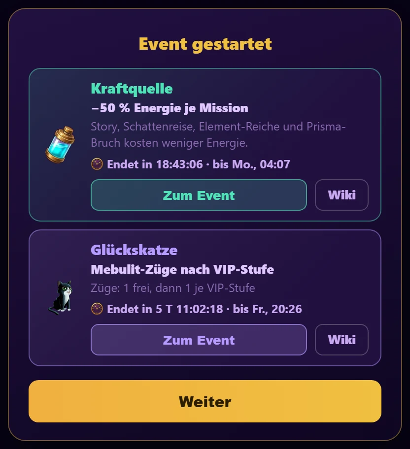 Meldung beim Spielstart mit zwei laufenden Events